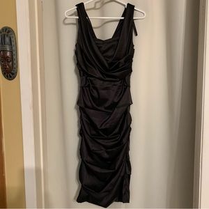 Rouched satin cocktail party dress from Le Chateau. Very flattering.
